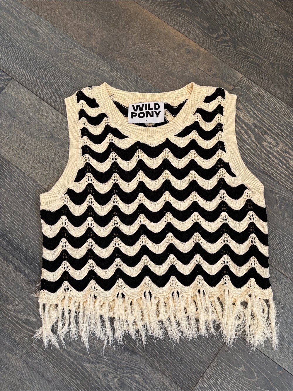 Wild Pony Black & Cream Crochet Fringe Crop Tank